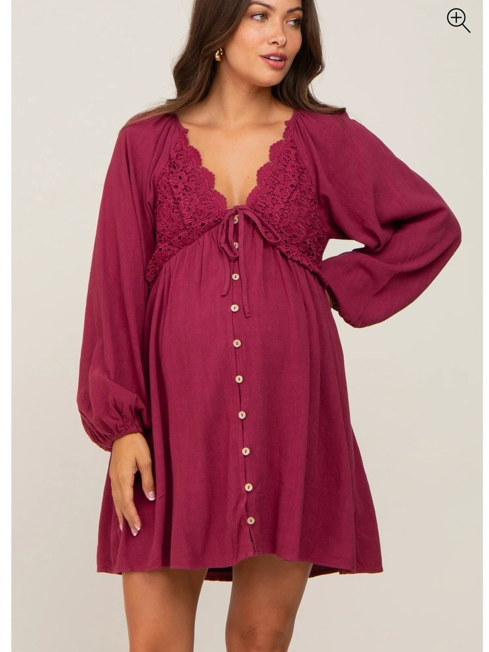 Burgundy Crochet Lace Button Front Maternity Dress